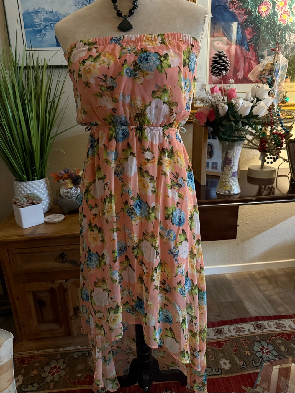 Forever 21 Peach Floral Strapless High-Low Dress